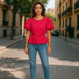 Scoop NYC Pink Puff Sleeve Blouse